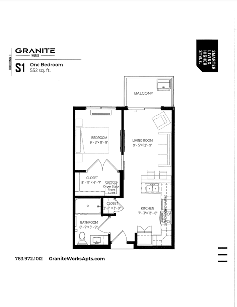 Floor plan for studio, 1 bath, 552 sqft